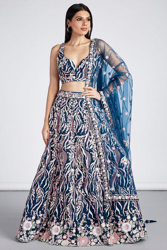 Net Sequins And Thread Embroidery Lehenga Choli Dupatta