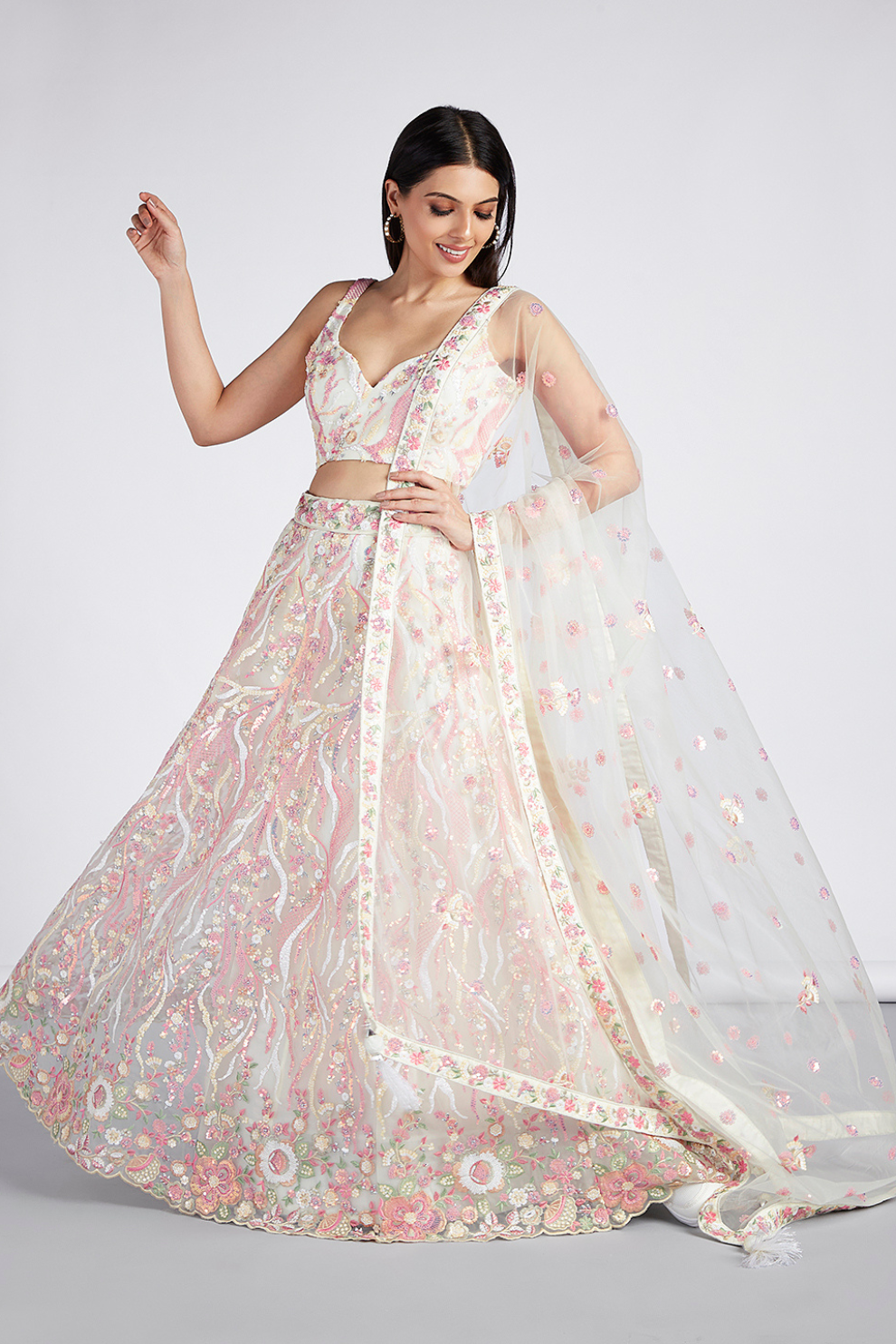 Net Sequins And Thread Embroidery Lehenga Choli Dupatta