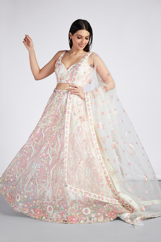 Net Sequins And Thread Embroidery Lehenga Choli Dupatta