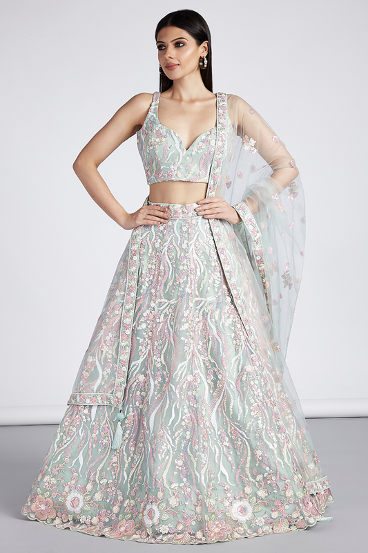Net Sequins And Thread Embroidery Lehenga Choli Dupatta