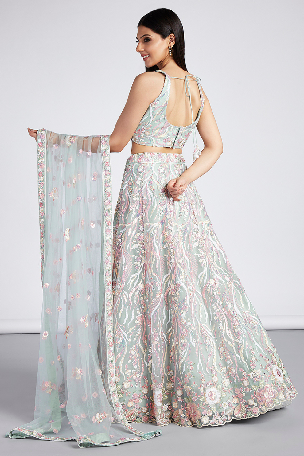 Net Sequins And Thread Embroidery Lehenga Choli Dupatta