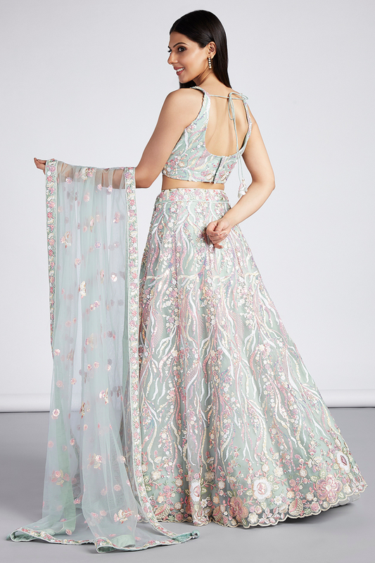 Net Sequins And Thread Embroidery Lehenga Choli Dupatta