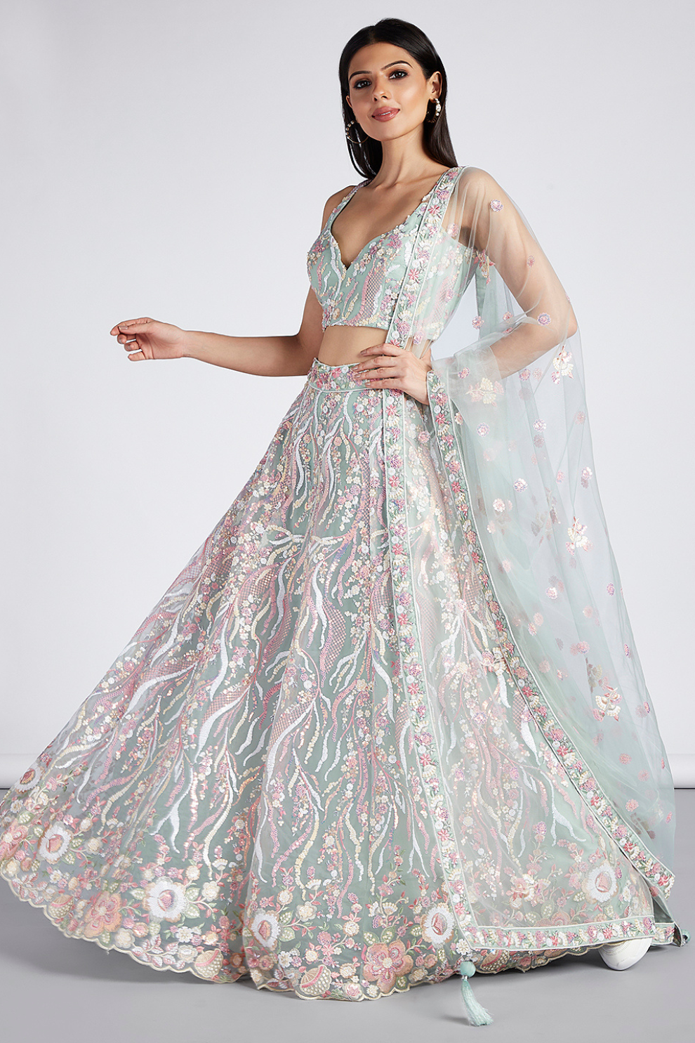Net Sequins And Thread Embroidery Lehenga Choli Dupatta