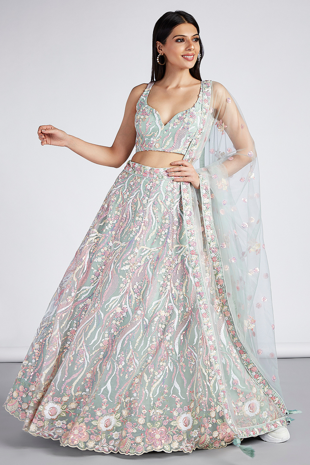 Net Sequins And Thread Embroidery Lehenga Choli Dupatta