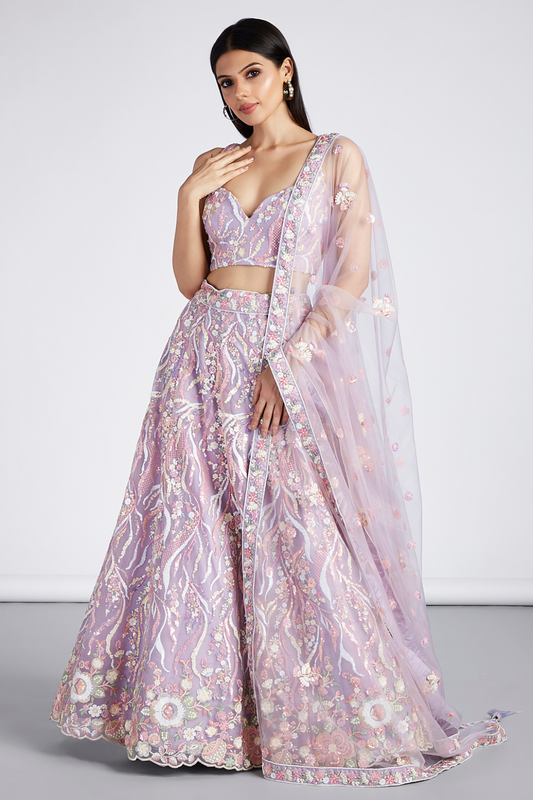 Net Sequins And Thread Embroidery Lehenga Choli Dupatta