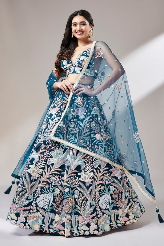 Multi-Sequins Work Net Lehenga for Party Wear