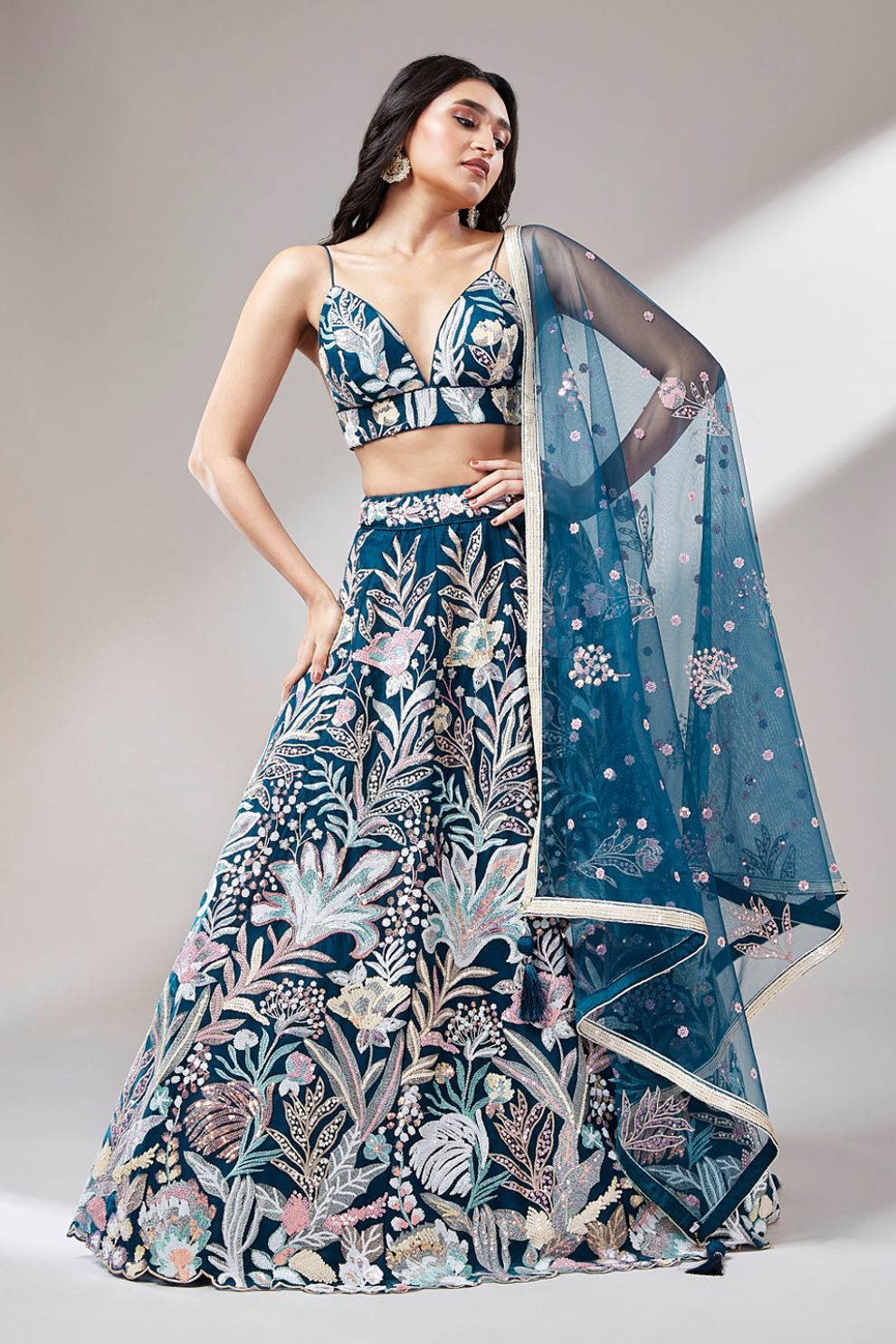 Multi-Sequins Work Net Lehenga for Party Wear