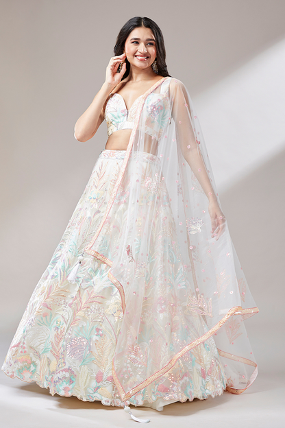 Multi-Sequins Work Net Lehenga for Party Wear
