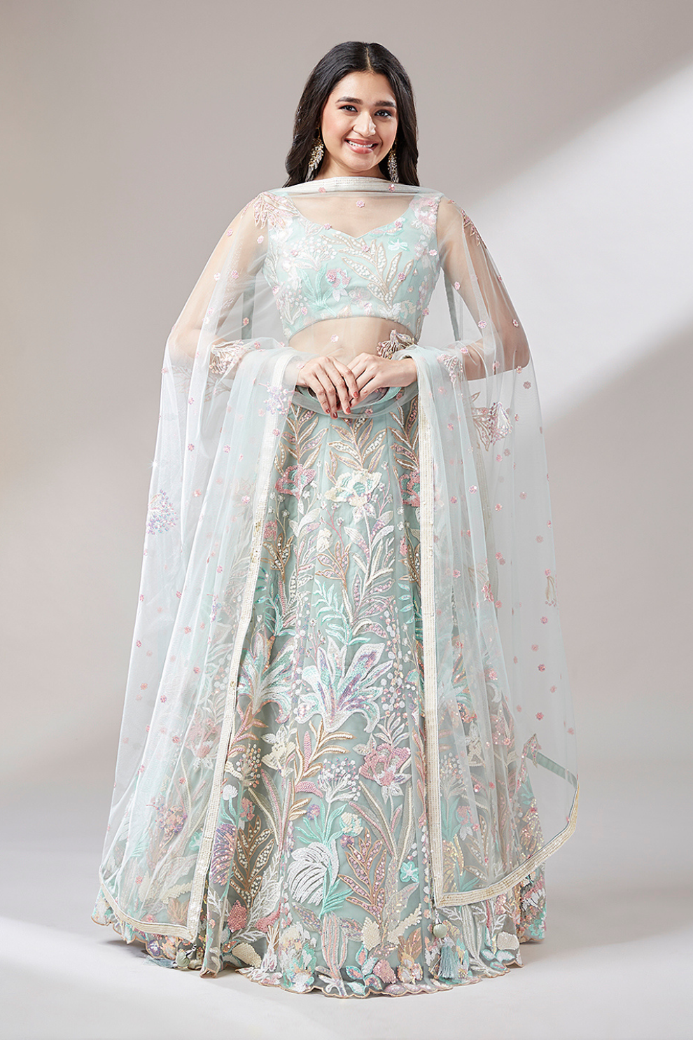Multi-Sequins Work Net Lehenga for Party Wear