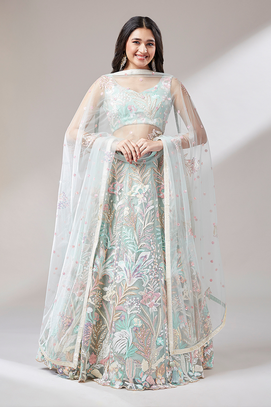 Multi-Sequins Work Net Lehenga for Party Wear