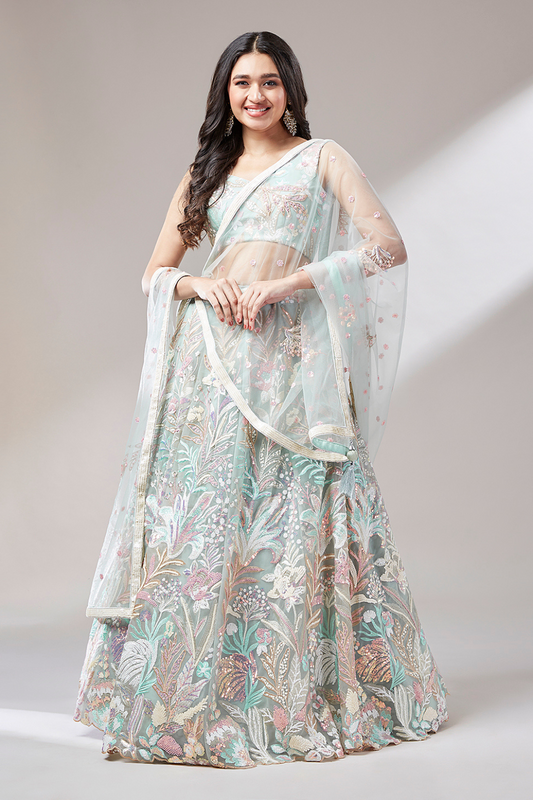 Multi-Sequins Work Net Lehenga for Party Wear