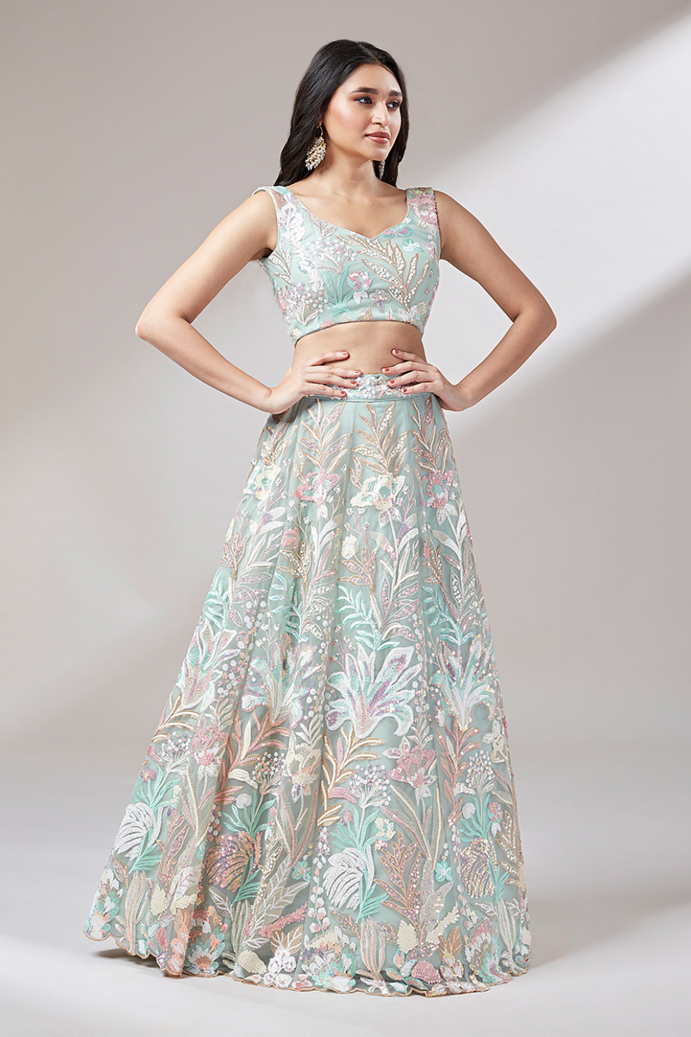 Multi-Sequins Work Net Lehenga for Party Wear