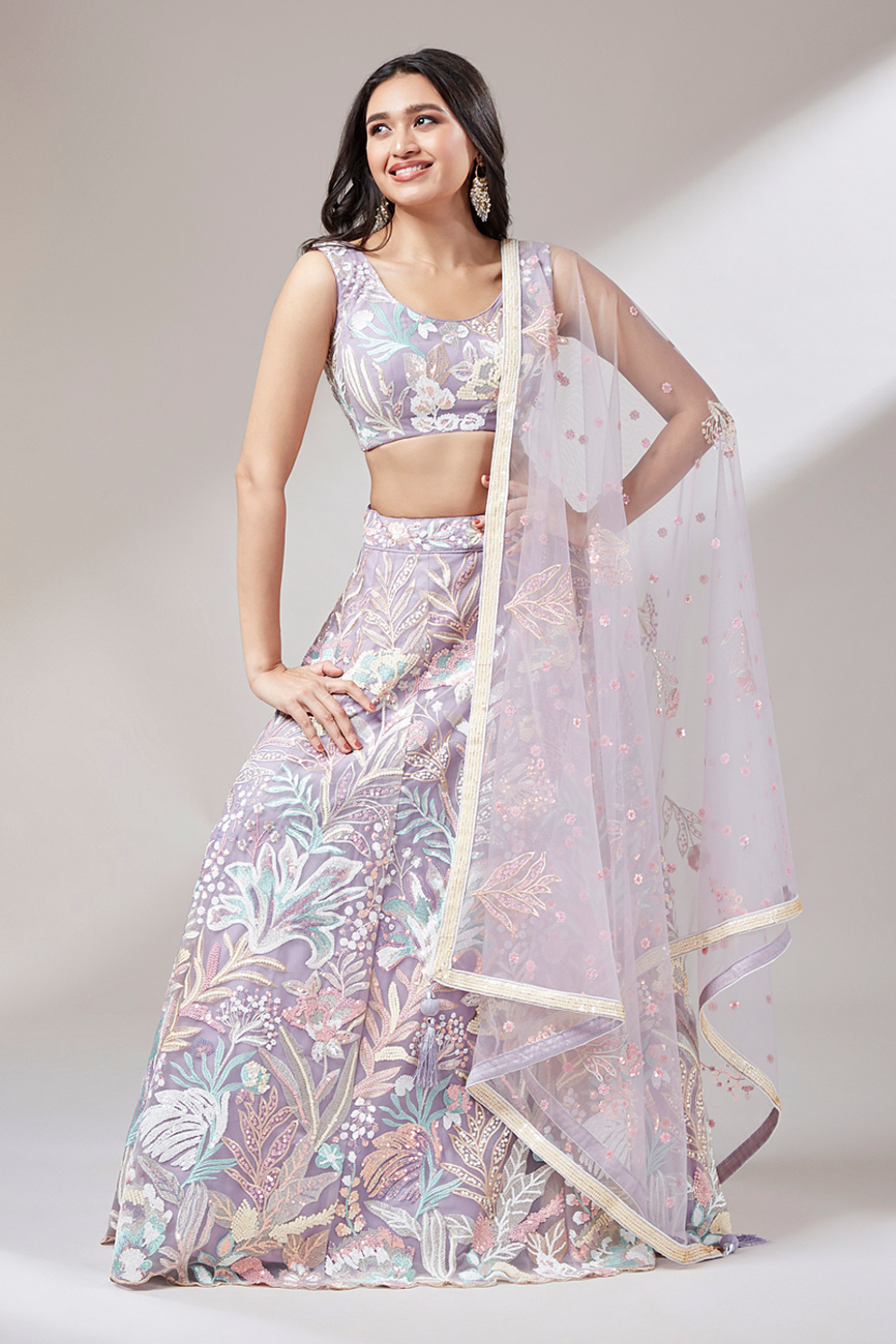 Multi-Sequins Work Net Lehenga for Party Wear