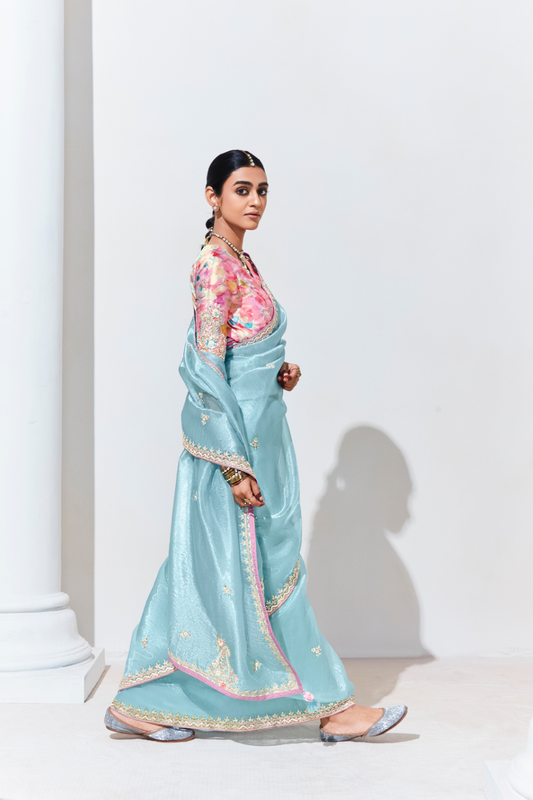 Elegant Tissue Saree with Sequins and Thread Embroidery Work