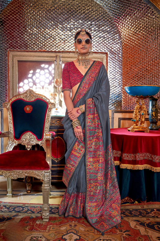 Elegant Printed Jamewar Saree – Blended Silk