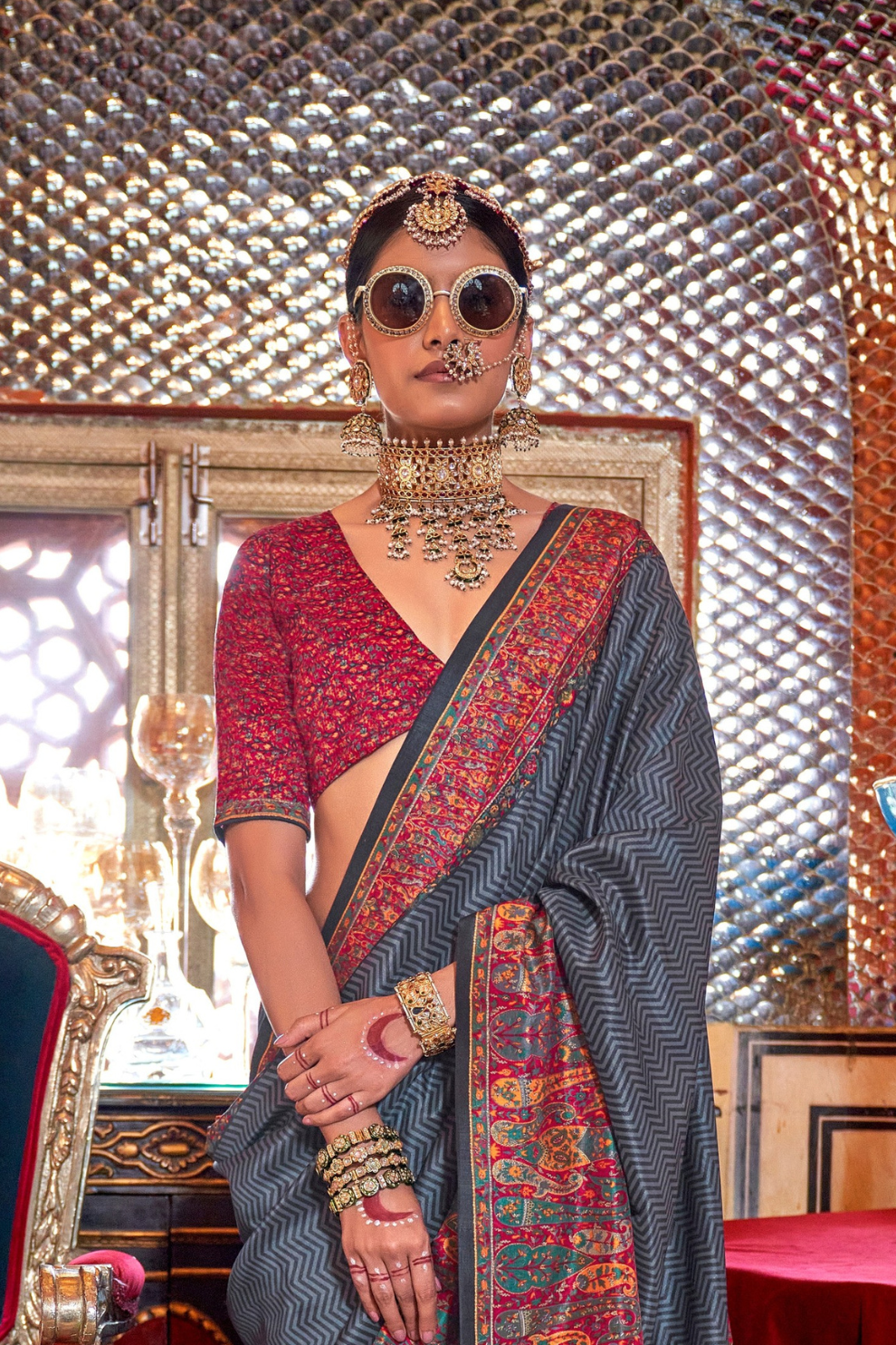 Elegant Printed Jamewar Saree – Blended Silk