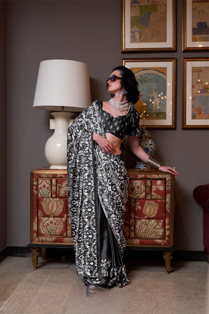 Patola Printed Satin Crepe Saree with Rich Ethnic Detailing