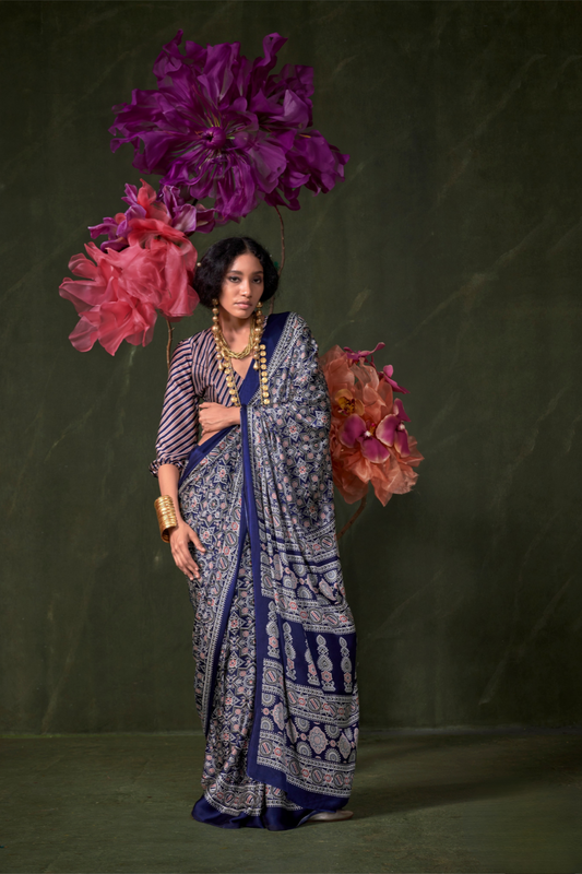Printed Ajrakh Satin Crepe Saree with Ethnic Artistic Patterns