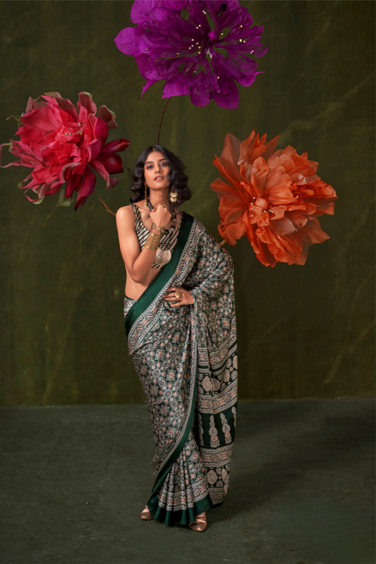 Printed Ajrakh Satin Crepe Saree with Ethnic Artistic Patterns