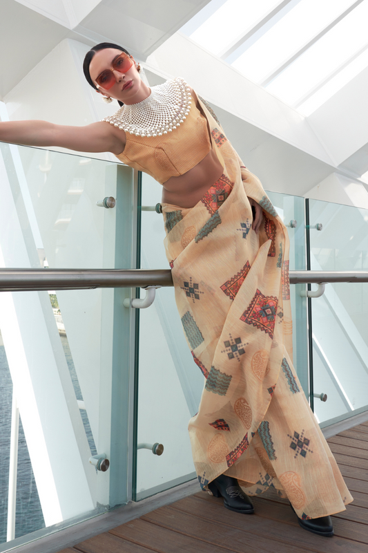 Printed Handloom Zari Tissue Saree with Elegant Shine