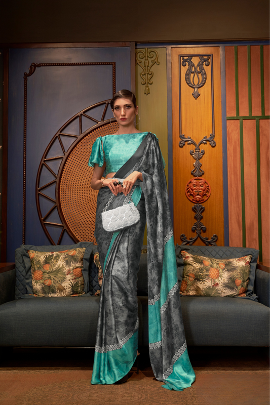 Printed Japan Satin Creep Saree with Elegant Flowing Drape