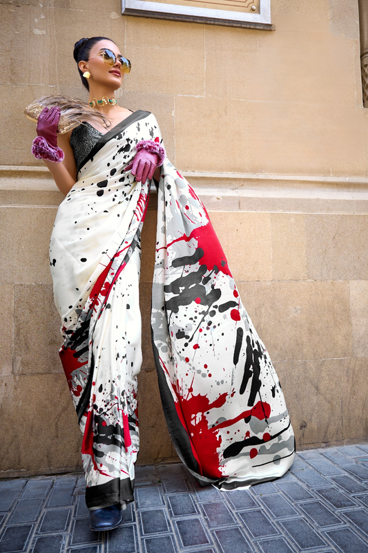 Printed Satin Creep Saree with Smooth Modern Style Finish