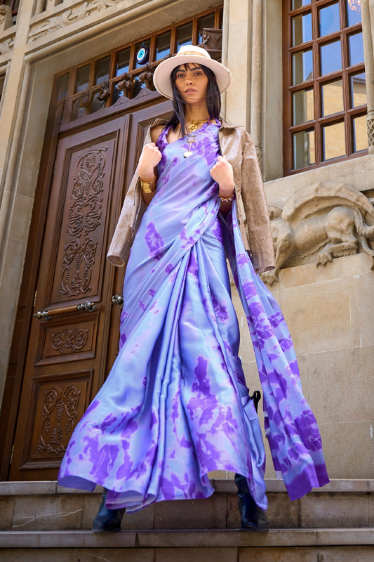 Printed Satin Creep Saree with Smooth Modern Style Finish