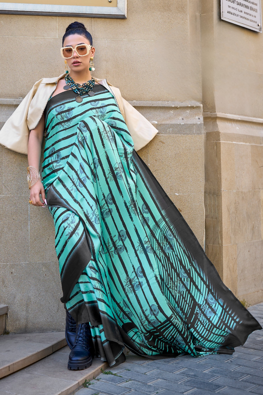 Printed Satin Creep Saree with Smooth Modern Style Finish