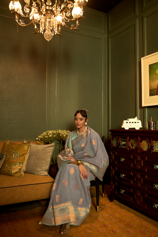 Pure Linen Weaving Saree with Stylish Copper Zari Work