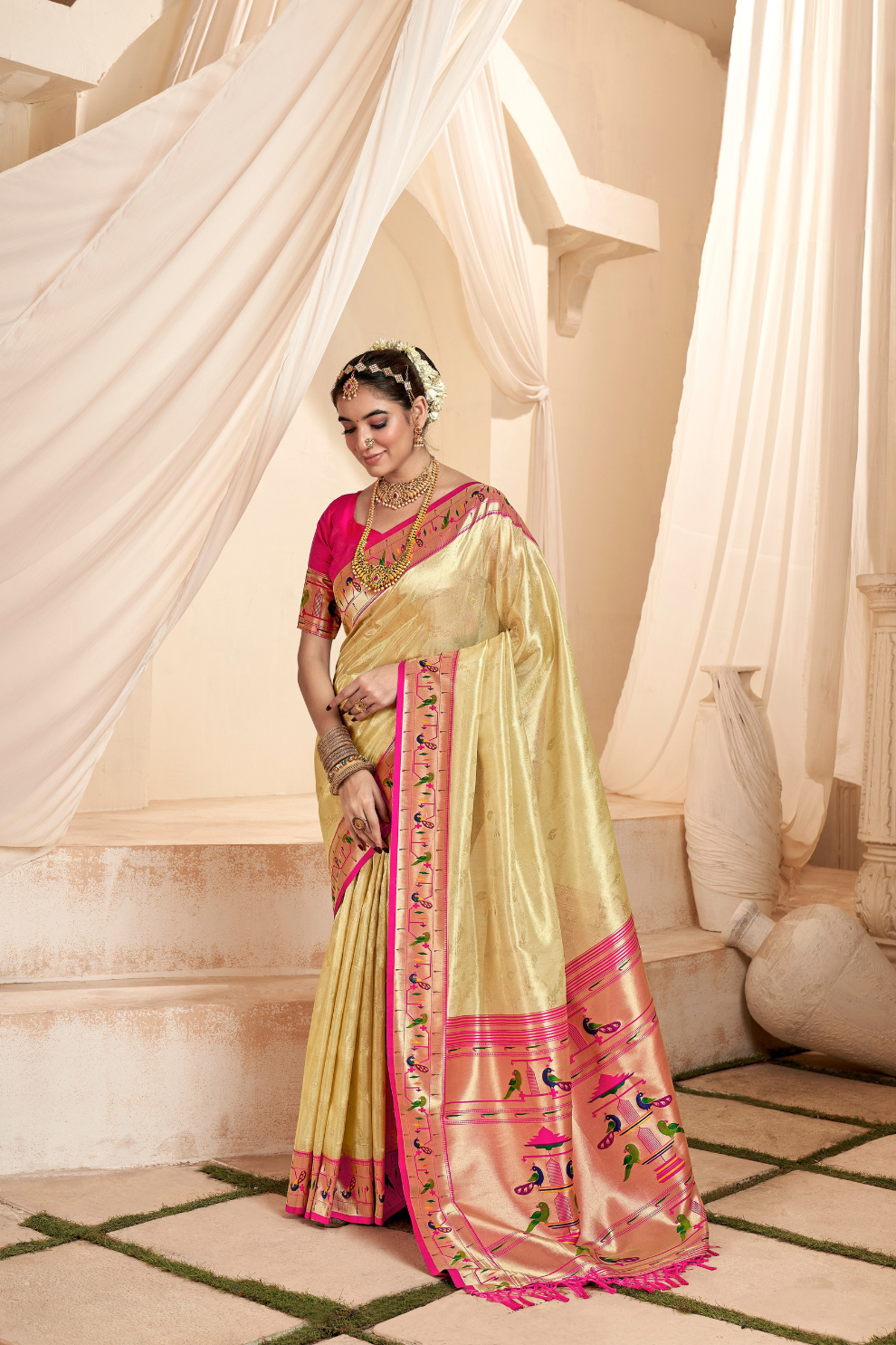 Pure Paithani Tissue Silk Saree with Rich Zari Border