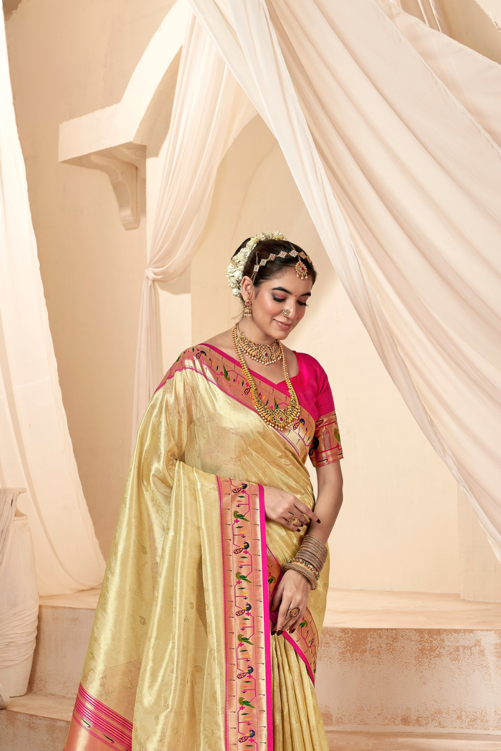 Pure Paithani Tissue Silk Saree with Rich Zari Border