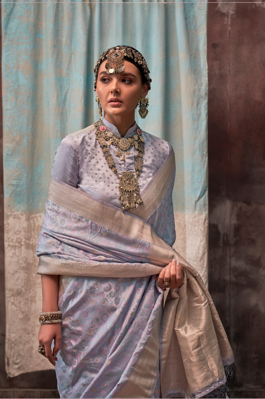 Lustrous Pure Satin Silk Saree with Banarasi Handloom Weave