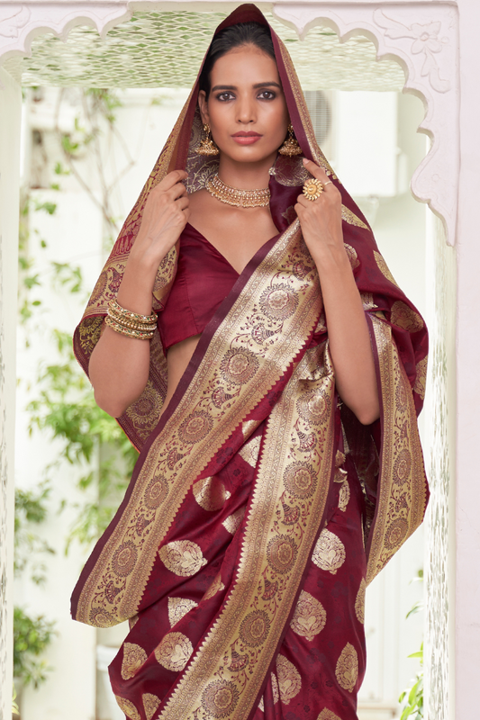 Glossy Satin Silk Saree with Intricate Weaving Work