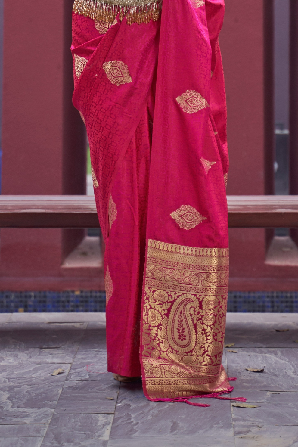 Printed Silk Saree with Zari Border and Tassels