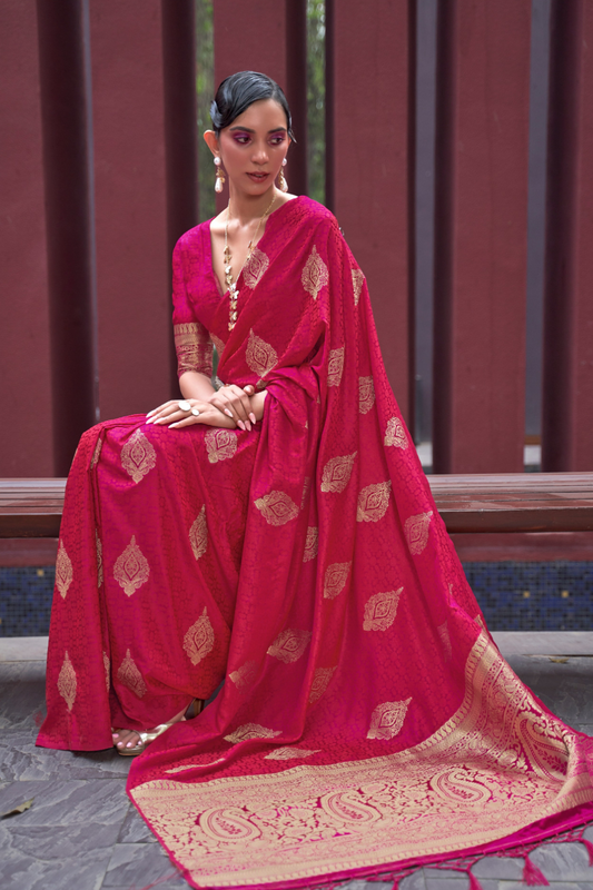 Printed Silk Saree with Zari Border and Tassels