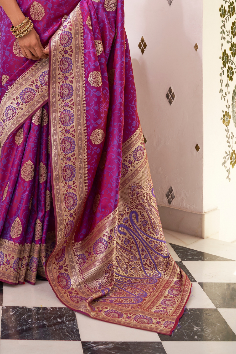 Glossy Satin Silk Saree with Intricate Weaving Work