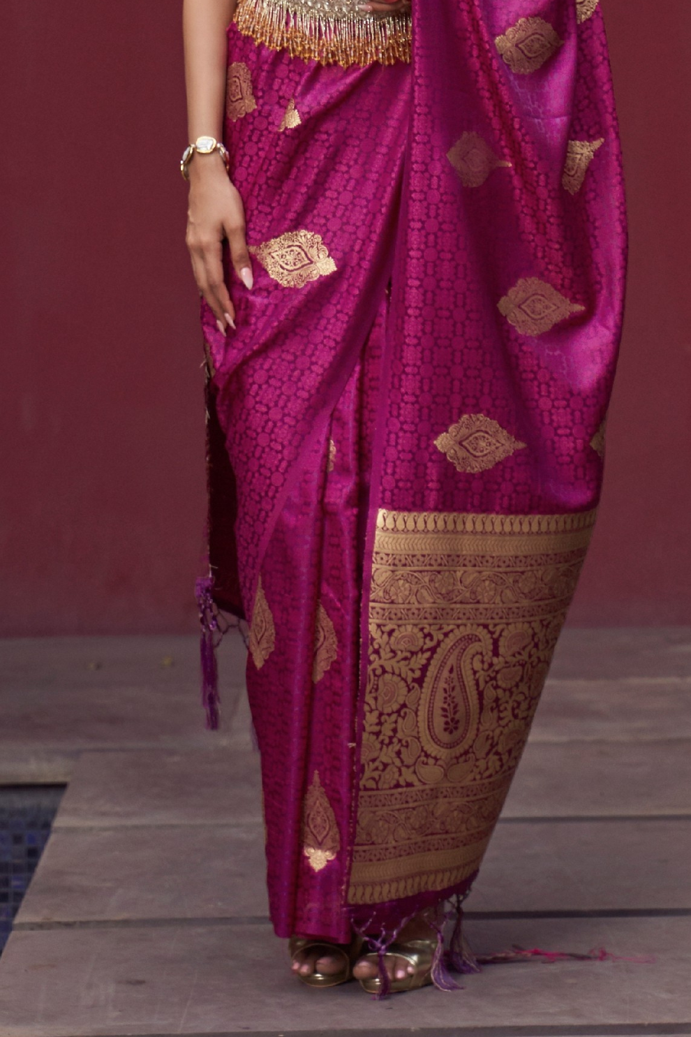 Printed Silk Saree with Zari Border and Tassels