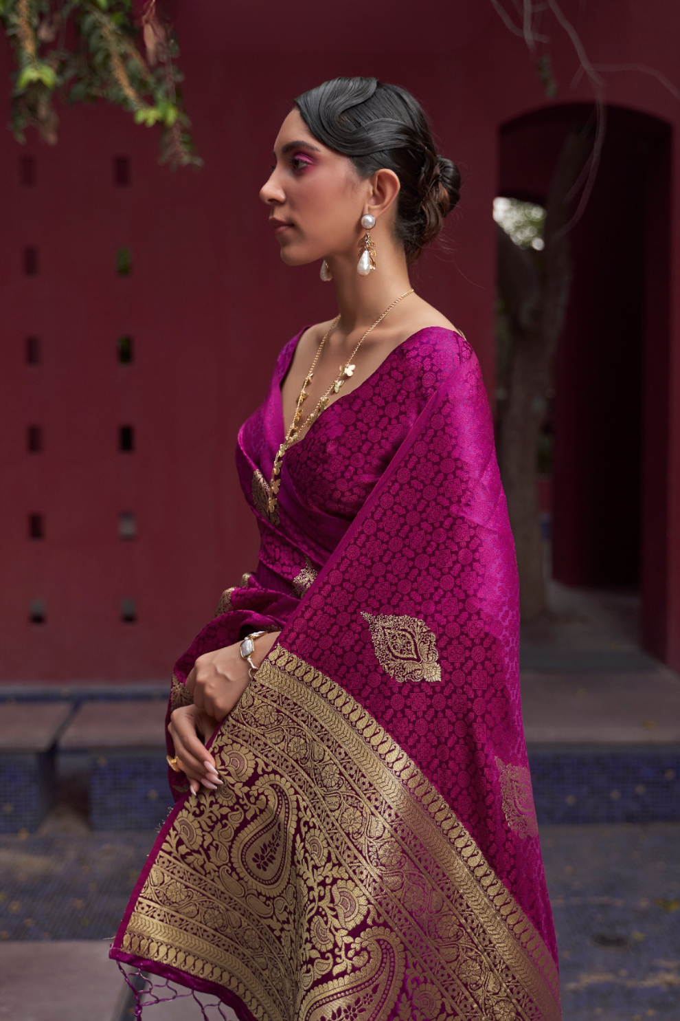 Printed Silk Saree with Zari Border and Tassels