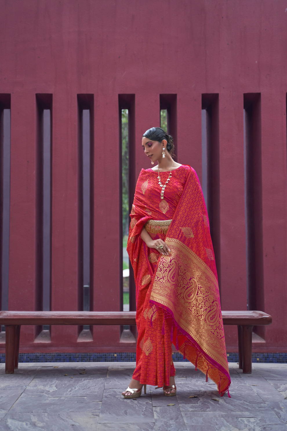 Printed Silk Saree with Zari Border and Tassels