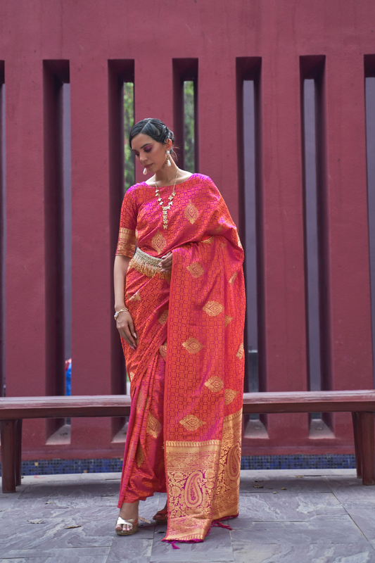 Printed Silk Saree with Zari Border and Tassels
