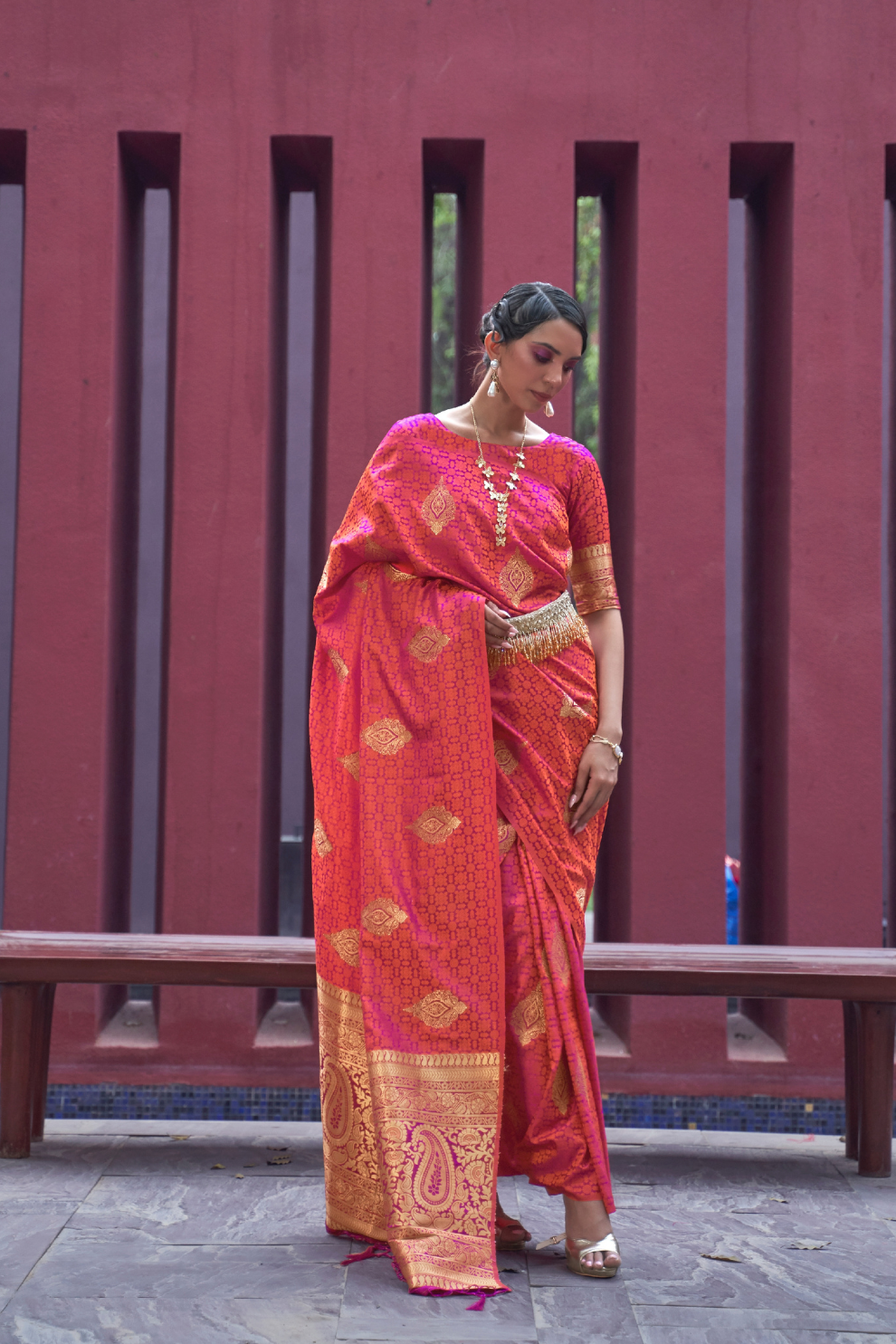 Printed Silk Saree with Zari Border and Tassels