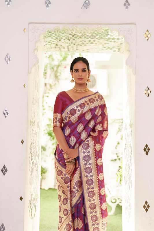 Glossy Satin Silk Saree with Intricate Weaving Work