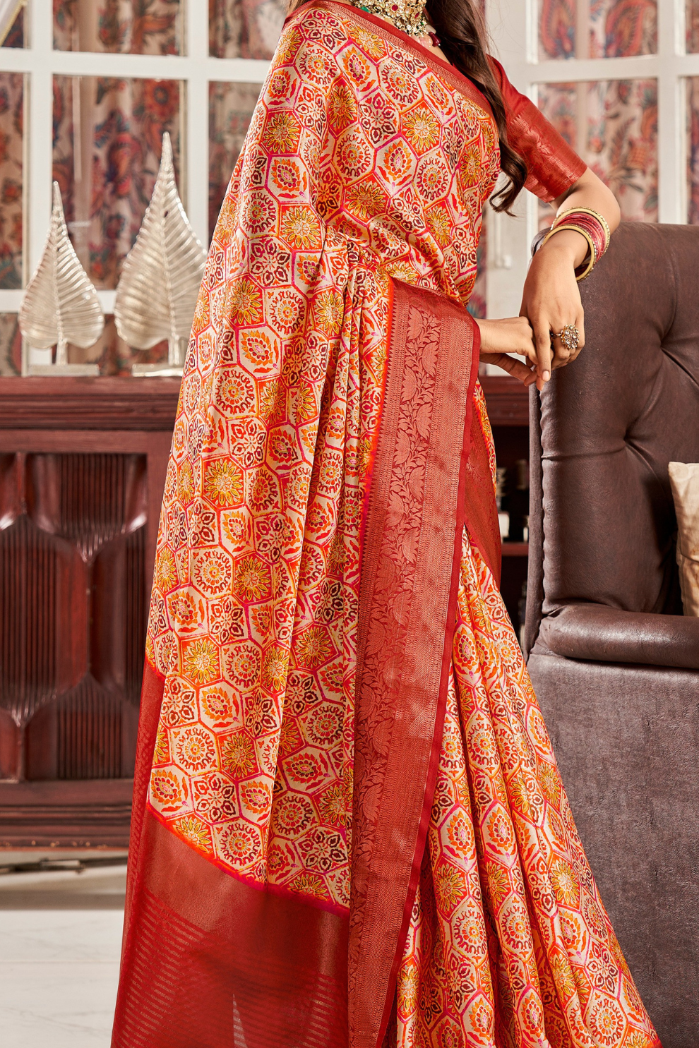 Glossy Pure Satin Silk Drape with Contemporary Digital Art - LaVante Fashion