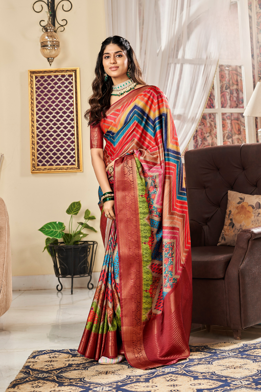 Glossy Pure Satin Silk Drape with Contemporary Digital Art - LaVante Fashion