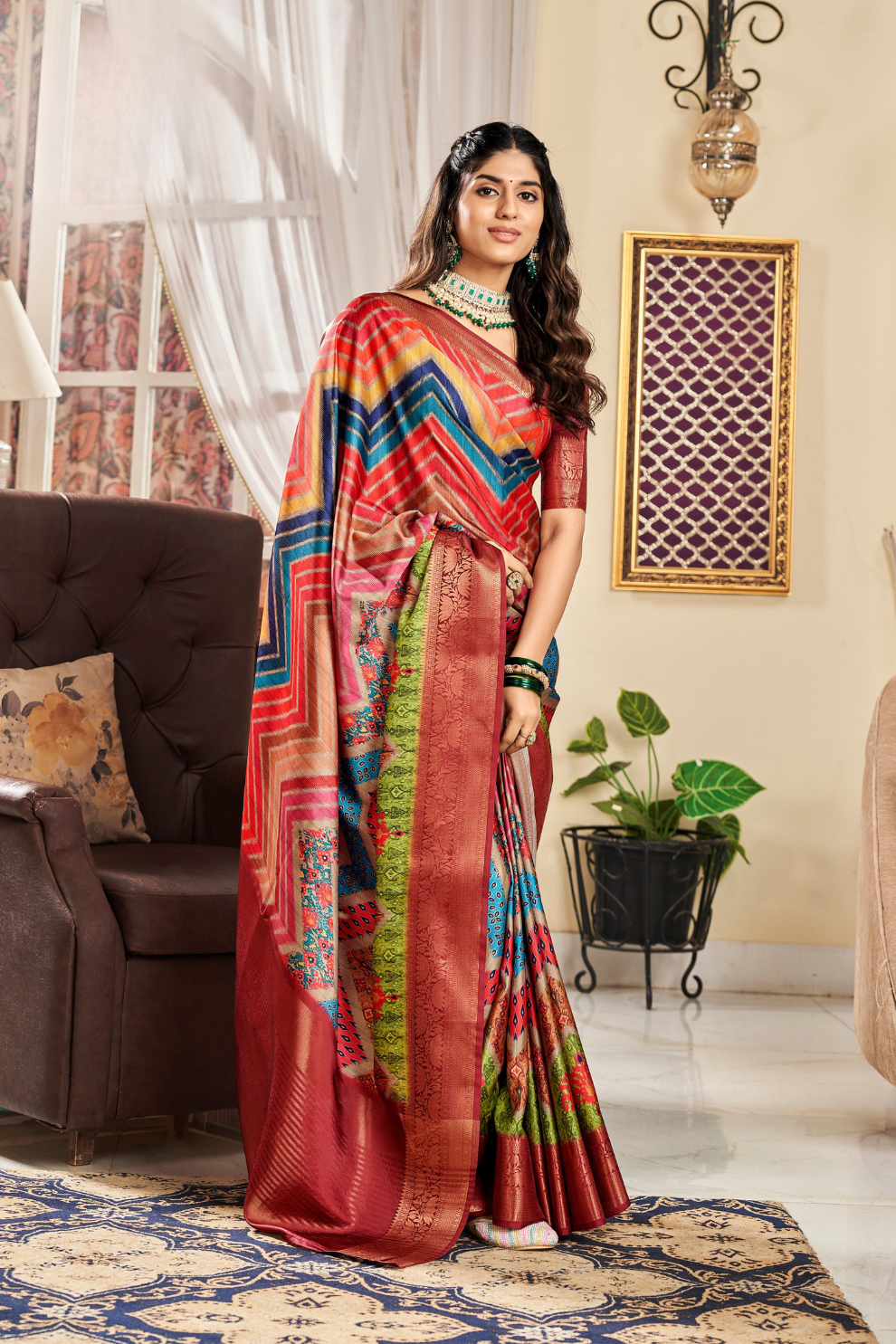 Glossy Pure Satin Silk Drape with Contemporary Digital Art - LaVante Fashion