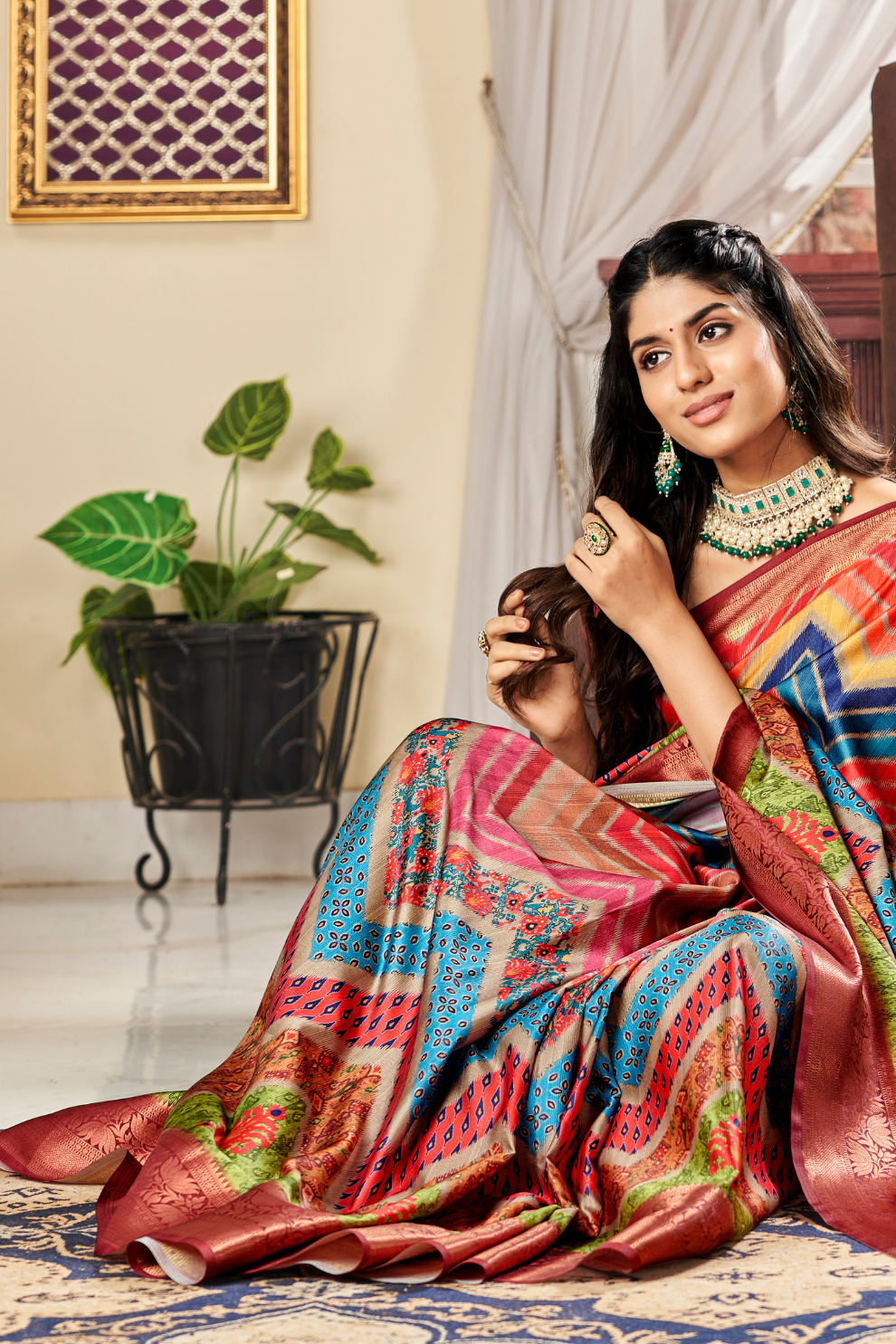 Glossy Pure Satin Silk Drape with Contemporary Digital Art - LaVante Fashion
