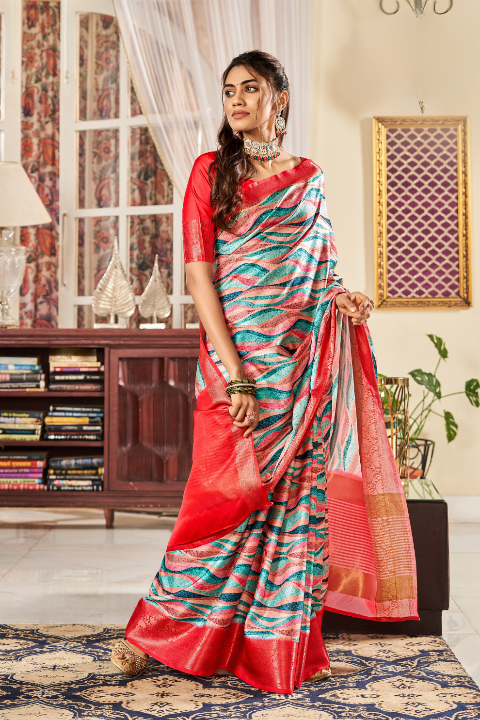 Glossy Pure Satin Silk Drape with Contemporary Digital Art - LaVante Fashion