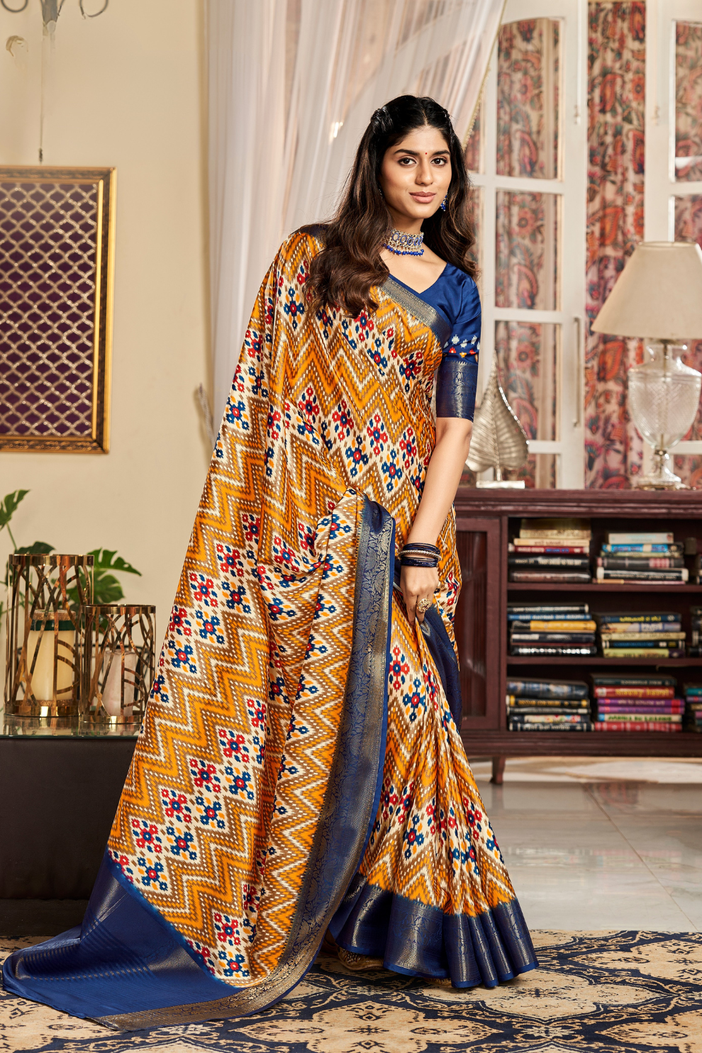 Glossy Pure Satin Silk Drape with Contemporary Digital Art - LaVante Fashion