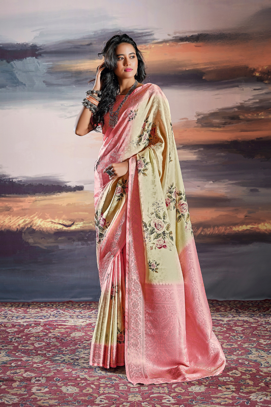 Elegant Pure Satin Fabric Featuring Self Weaving and Floral Digital Printt