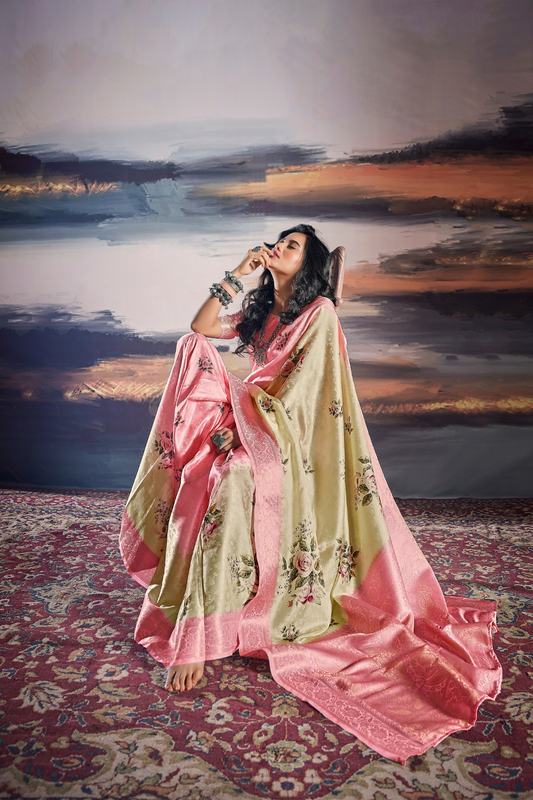 Elegant Pure Satin Fabric Featuring Self Weaving and Floral Digital Printt